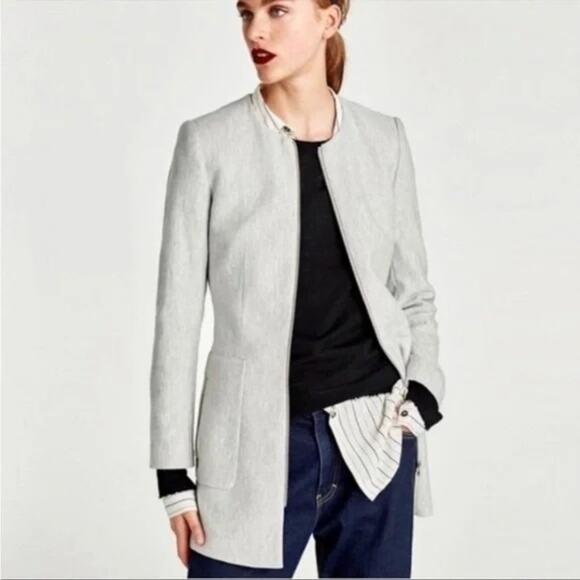 Zara Longline Herringbone Long Sleeve Jacket Blazer Zip Up Pockets M Grey #3132 - Picture 3 of 14